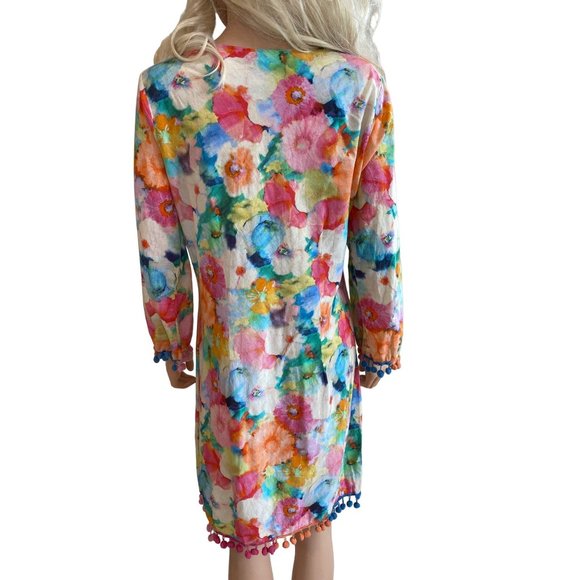 Sundance Long Sleeve Floral Pom Pom V Neck Dress Swim Coverup Medium Cotton - Picture 7 of 12
